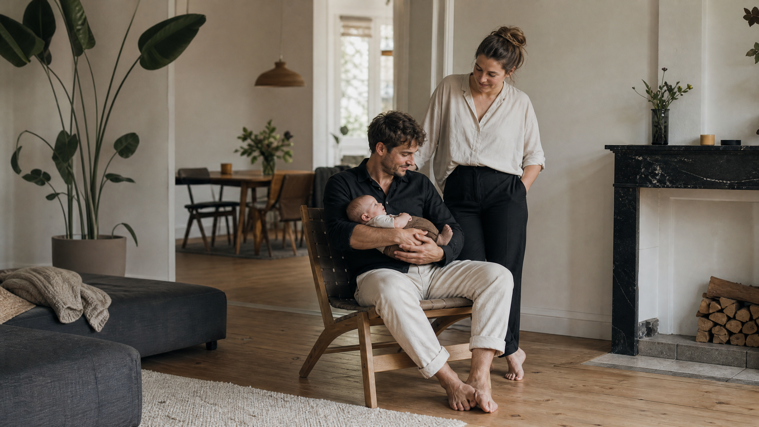 Familie mit Baby in einer ruhigen Alltagssituation zu Hause