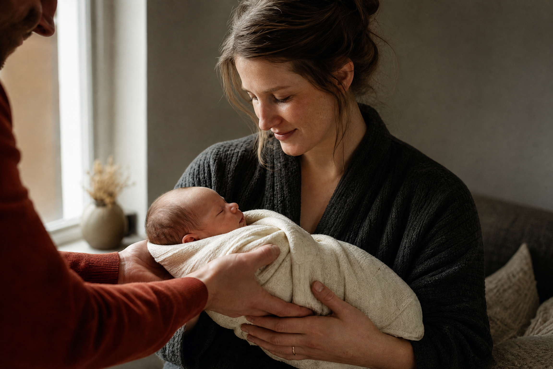 Hände von Eltern und Baby beim ersten Kennenlernen