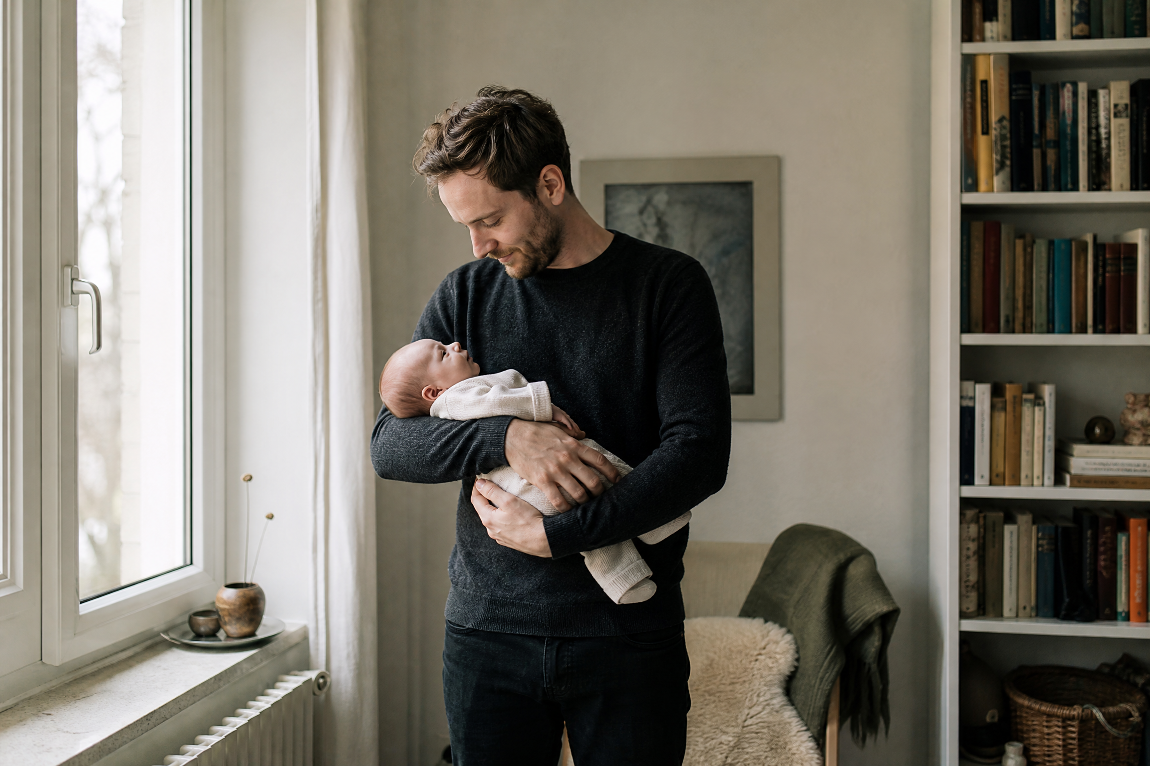 Familie mit Baby in einer ruhigen Alltagssituation zu Hause